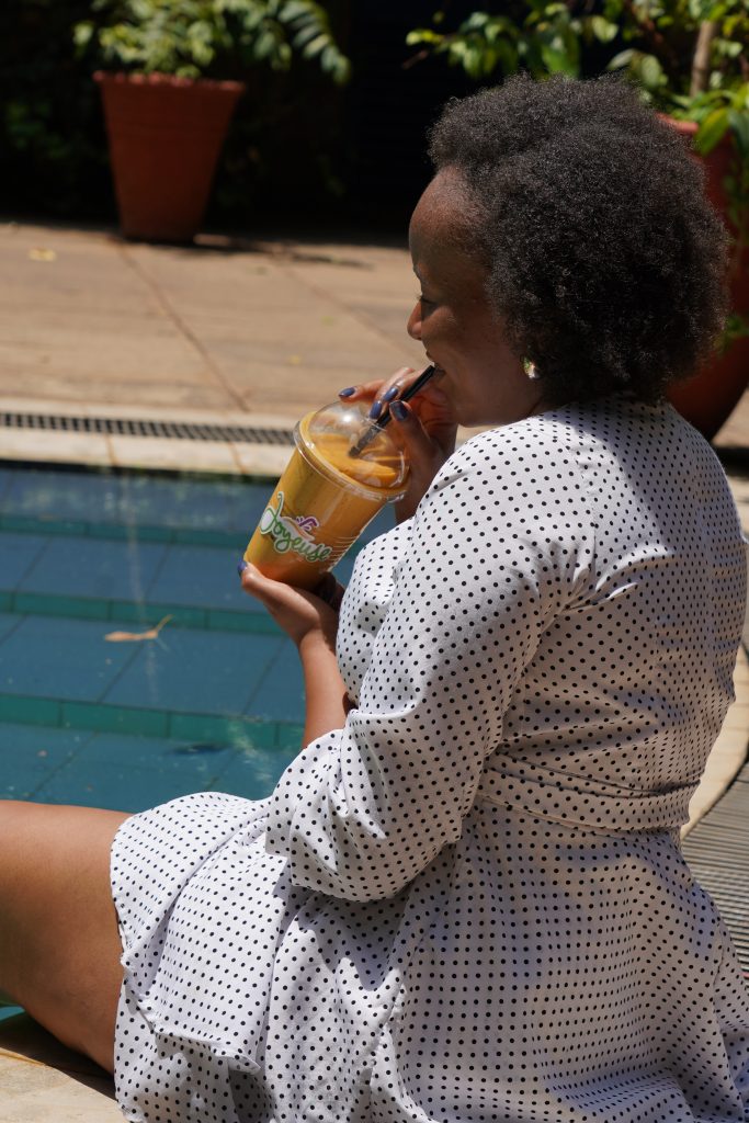 Drinking Choco-Mango Protein Shake